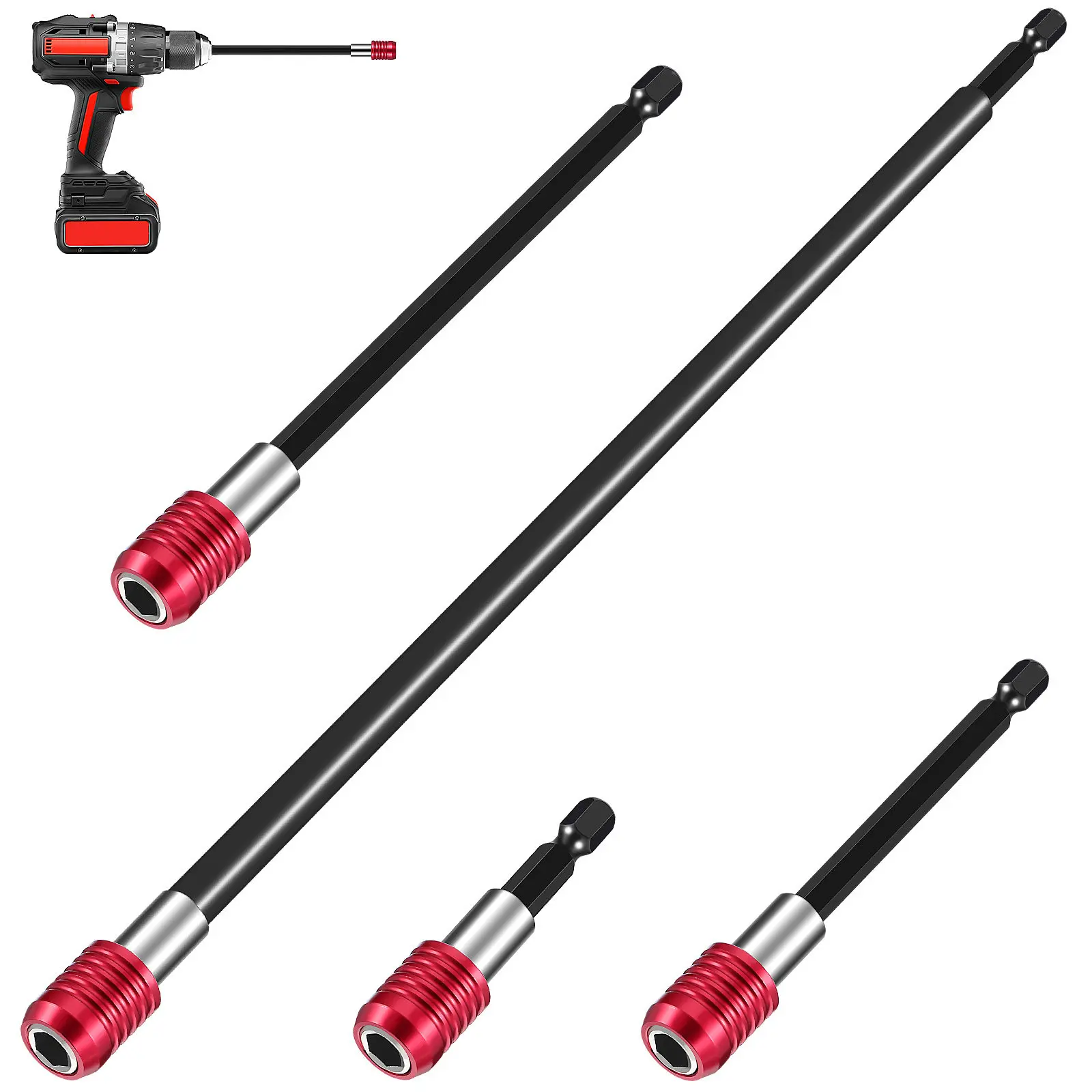 4Pcs Drill Bit Extension Rod Kit Alloy Shank Adapter Multi-Function Impact Driver Bit Holder Drill Accessories for Home Auto