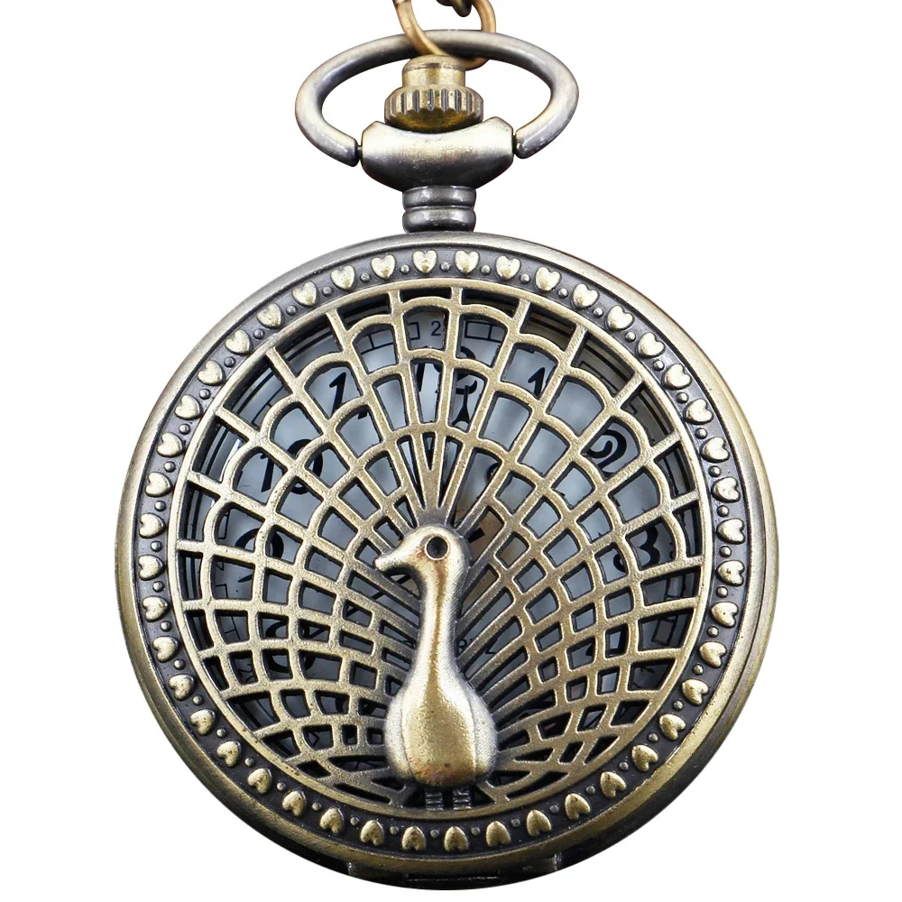 Vintage Bronze Exquisite Beautiful Peacock Bird Quartz Pocket Watch  Necklace Clock Men and Women Christmas Gift Accessories
