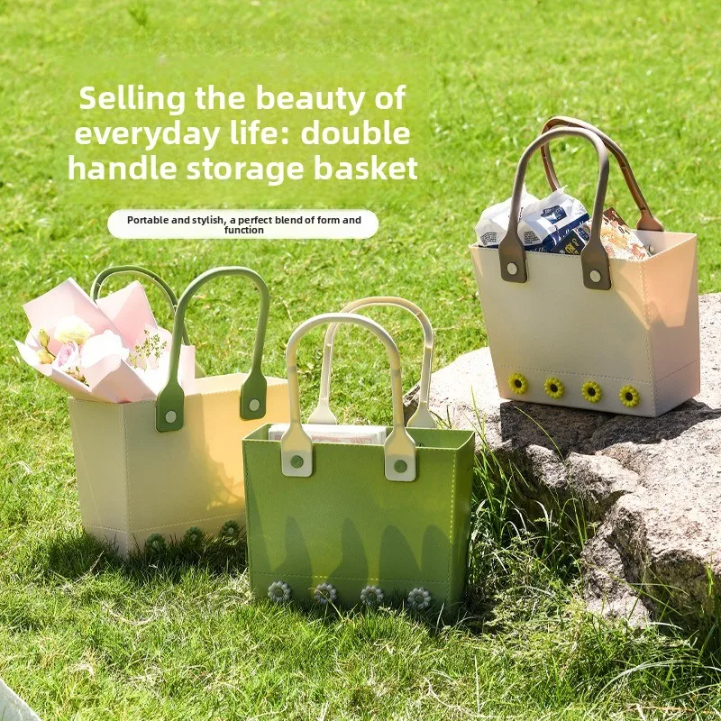 

Floral Print Design Durable Soft-Handle Picnic Basket Outdoor Home Creative Soft-Bottom Drainage Bathroom Storage Basket