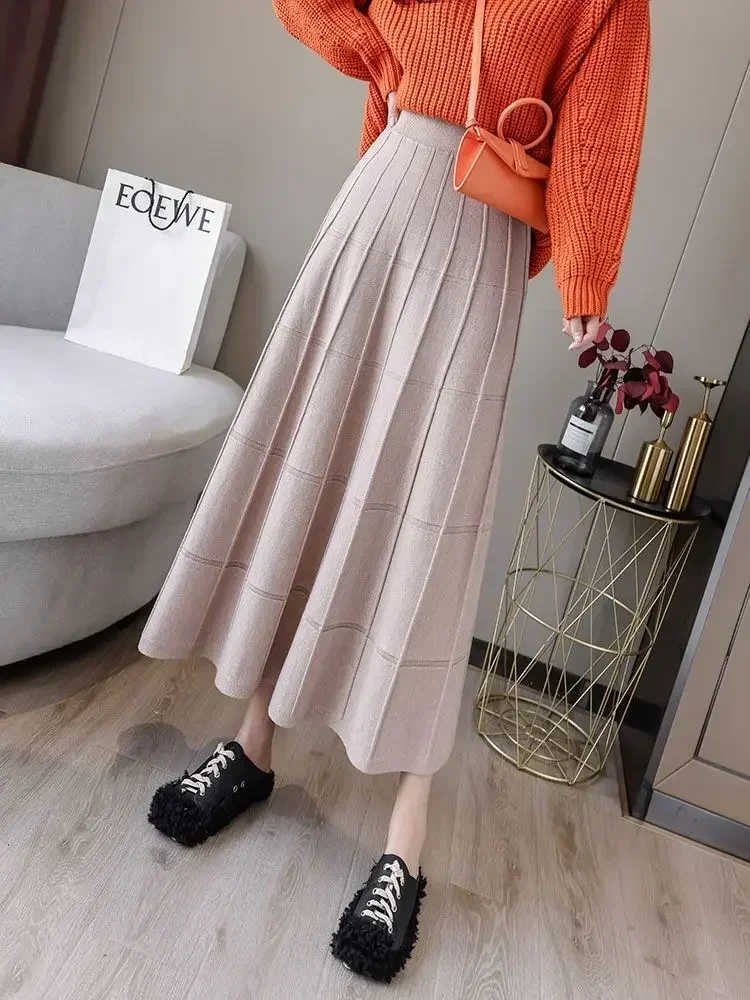 Winter Women\'s Skirts Elegant Knitted A-line Skirt Ladies Ankle-Length Pleated Casual Solid Long Skirts for Women Fashion 2024