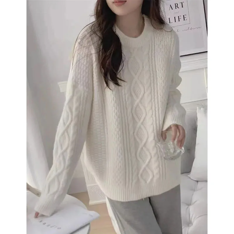 

Korean Women Long Sleeves Pullover Knitwear Top Autumn Femme Fashion Round Neck Loose Knitting 2025 Ladies Trend Thicken Sweater