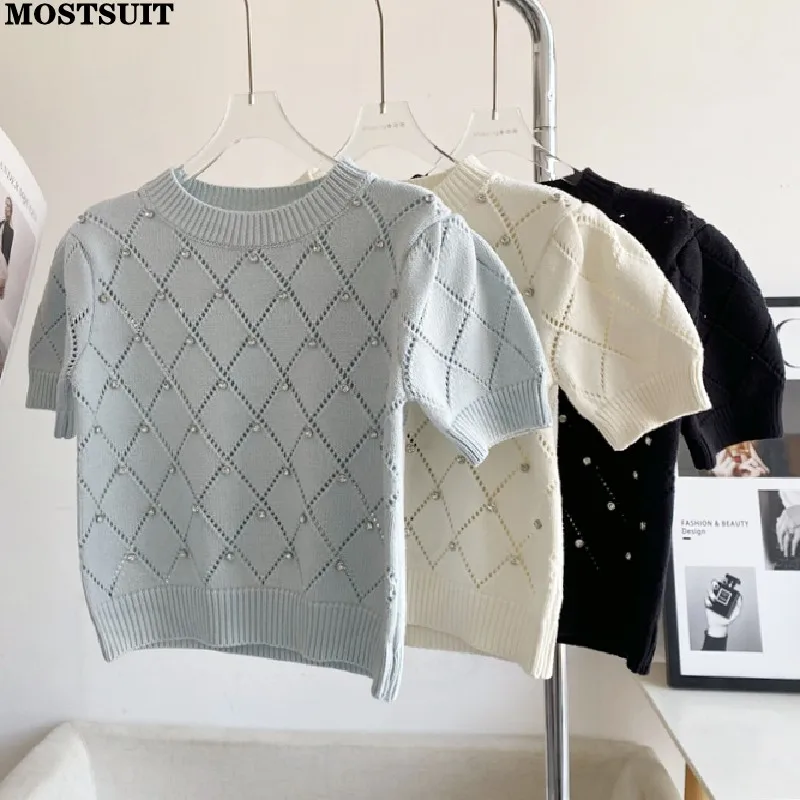 

Diamonds Argyle Knitted Korean Sweater Women 2023 Summer Short Sleeve O-neck Knitwear Pullover Elegant Stylish Chic Tops Jumpers