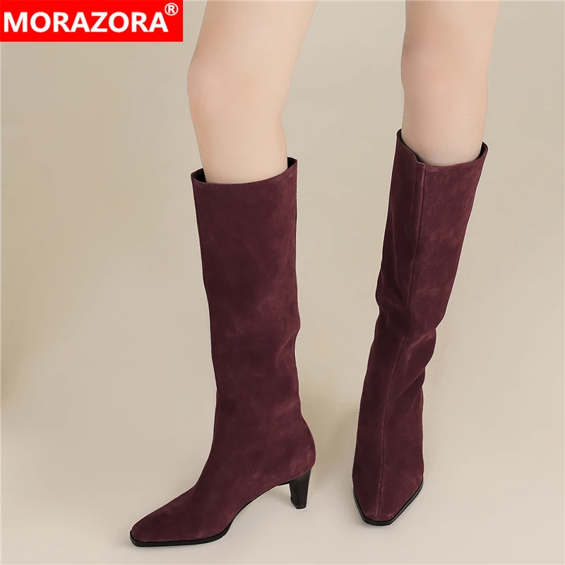 

MORAZORA INS New Cow Suede Leather Over The Knee Boots Pointed Toe High Heels Knee High Boots Fashion Office Dress Shoes Size 43