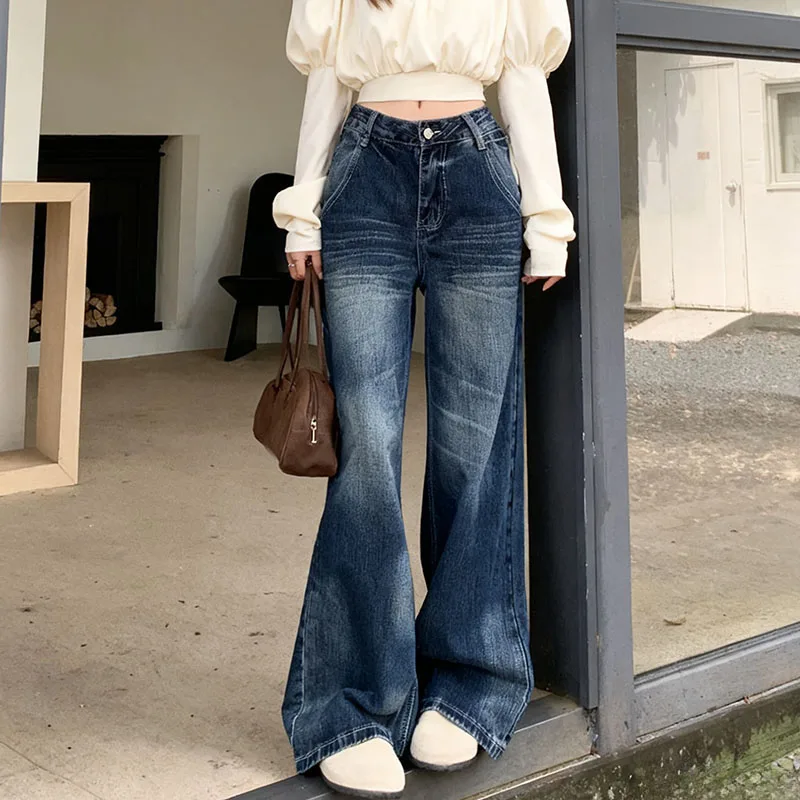 Otoño 2025 Y2K Dongdaemun Pantalones vaqueros lavados vintage para mujer Pantalones drapeados de pierna recta relajados hasta el suelo