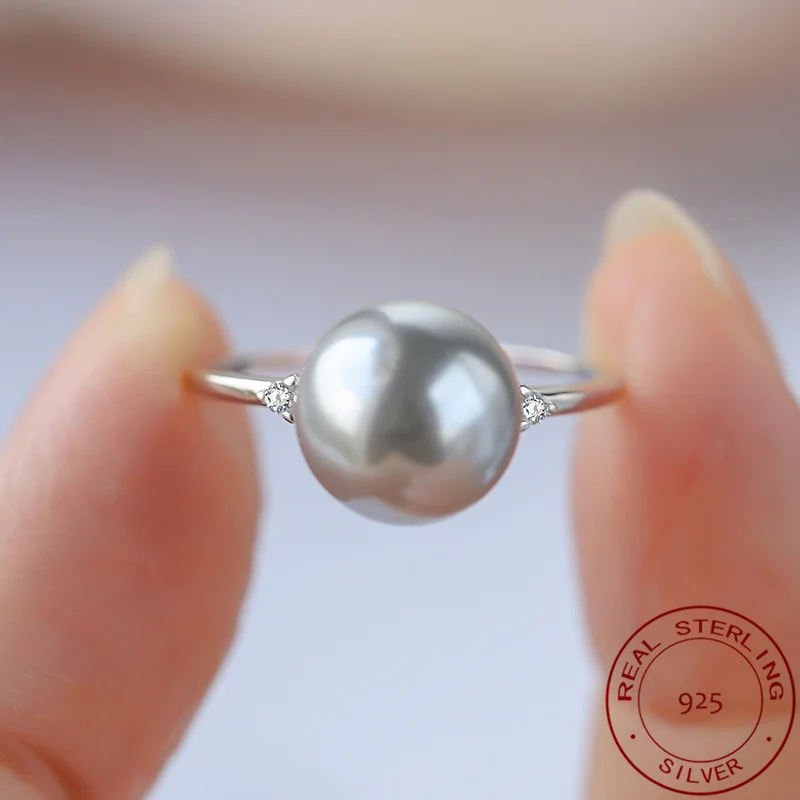 

Simple Style Baroque Grey Pearl 925 Sterling Silver Ring for Women Vintage Geometric Delicate Luxury Ring Cocktail Party Jewelry