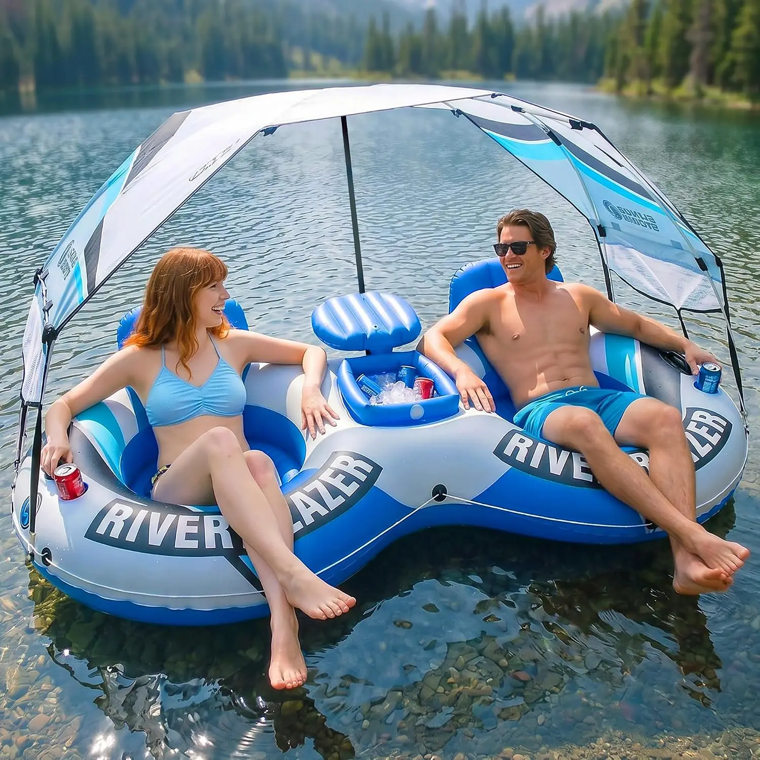 

Heavy Duty Inflatable River Tube with Canopy for 1-2 Persons - Sun Protection, Cup Holders, Comfortable Lounge for Lake, River, Pool