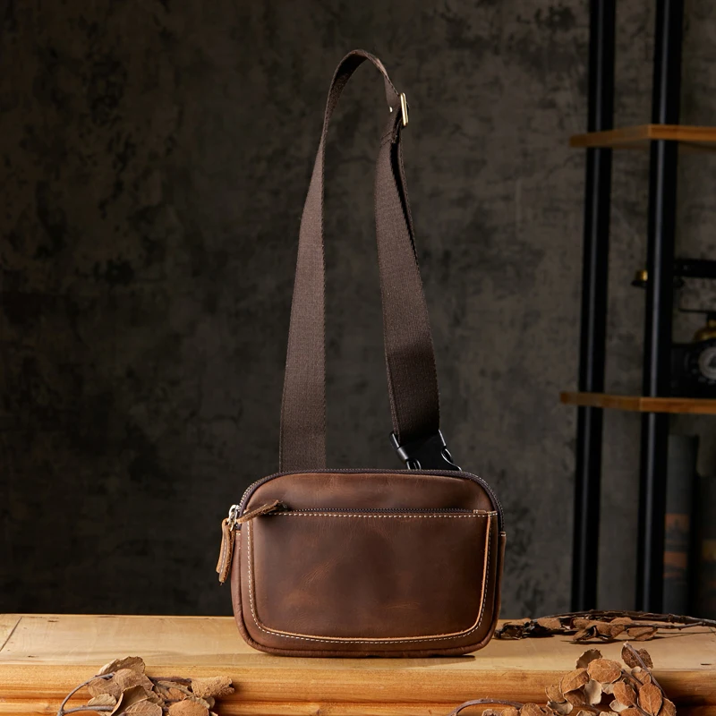 Handmade Vintage Genuine Leather Chest Bag Outdoor Sport Activity Cross body Bag Retro Crazy Horse Leather Shoulder Bag Pack Men