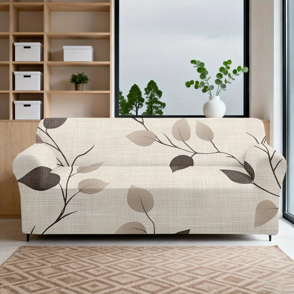1pc Minimalist Beige Brown Botanical Leaf Pattern Print Stretch Sofa Cover, Removable Washable Protector for Living Room