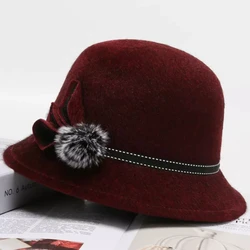 Women Autumn Winter Woolen Felt Basin Hat Faux Mink Hair Bowler Hats Vintage Elegant Brown Fisherman Hat Wedding Church Jazz Cap