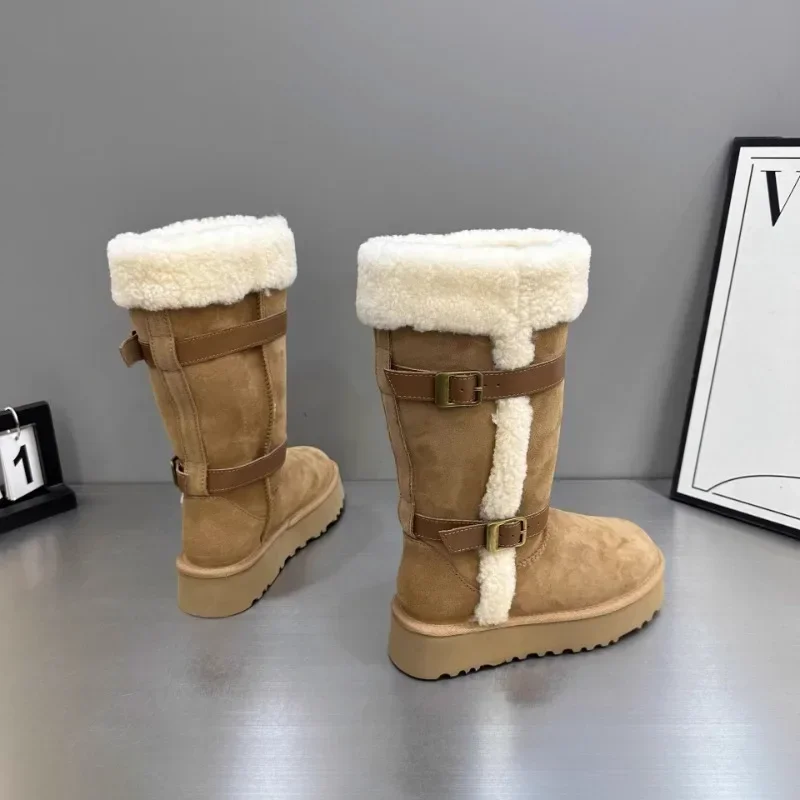 Hot New Women Winter Snow Boot Lamb Wool Leather Fleece Keep Warm Girl Fashion Long Boots Round Toe Thick Western Elegant Shoes