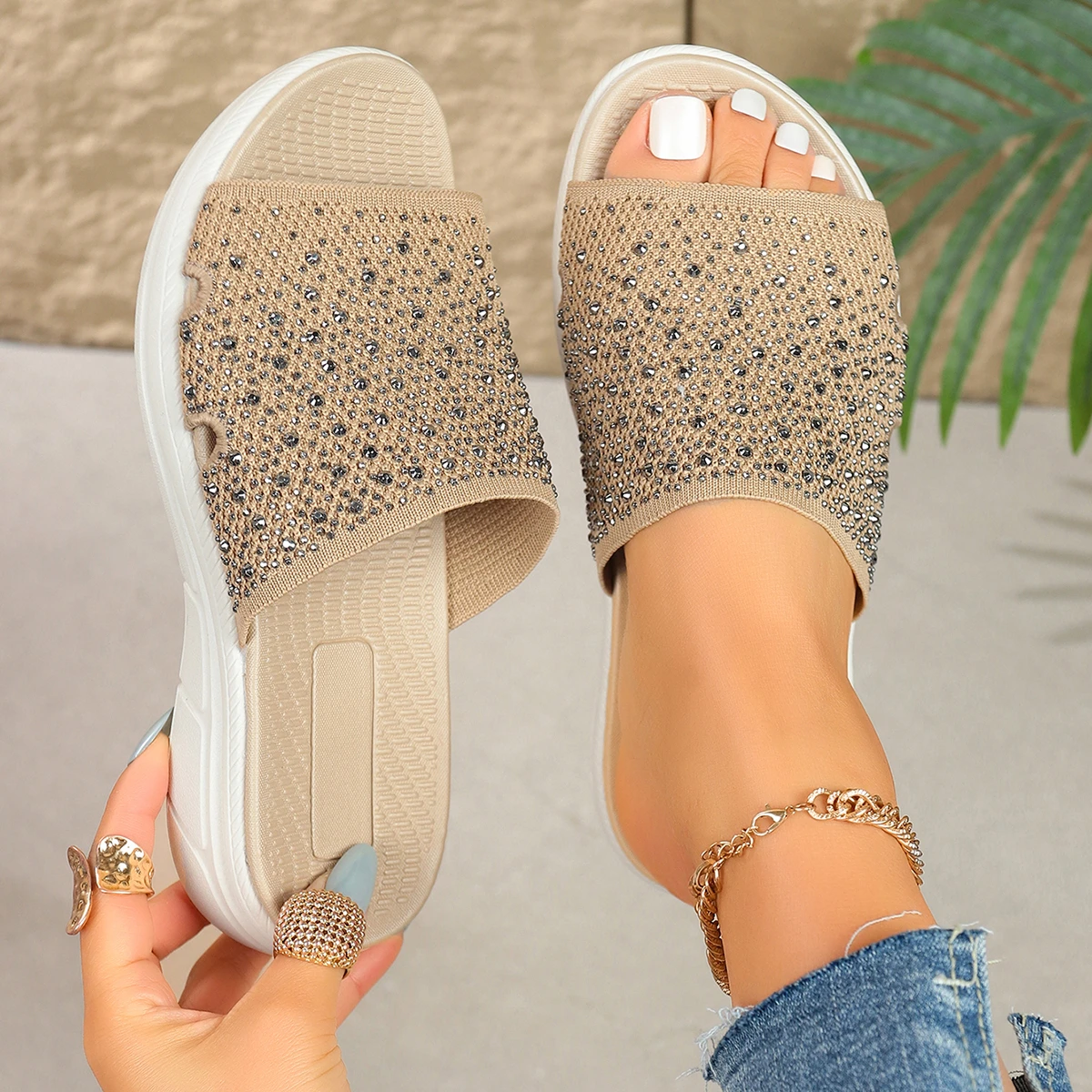 Women Slippers Summer Outside Sequins Slippers 2026 New Wedges Shoes Roman Thick Sole Slope Heel Sandals Platform Slides Women
