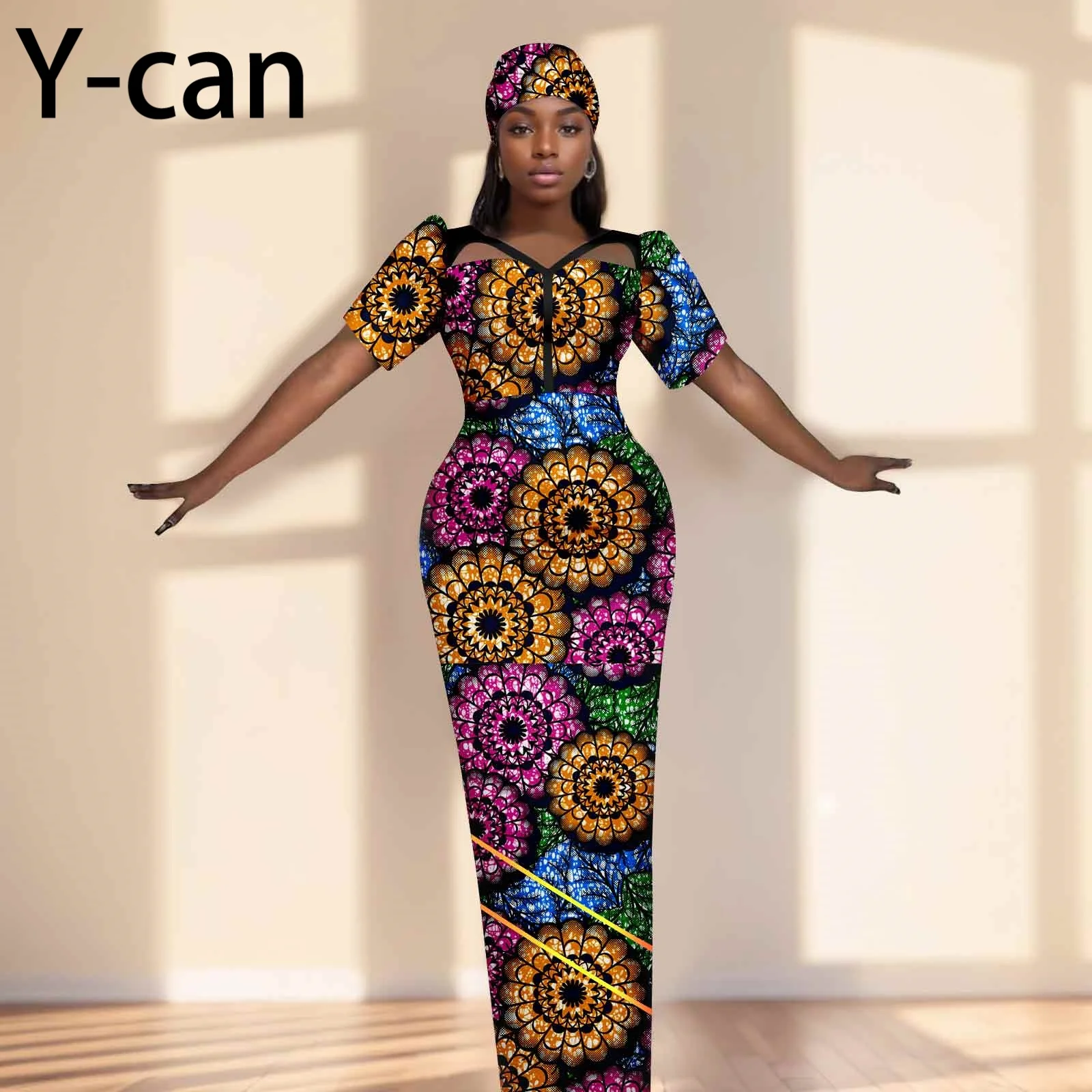 Party Gown African Dresses for Women Slim Fit Short Sleeve Dress Evening Vestidos with Headwrap Dashiki Ankara Print 2525071