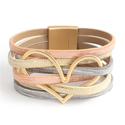 ALLYES Gold Color Metal Heart Leather Bracelets for Women Charm Multilayer Wide Wrap Bracelet & Bangle Female Jewelry Gifts