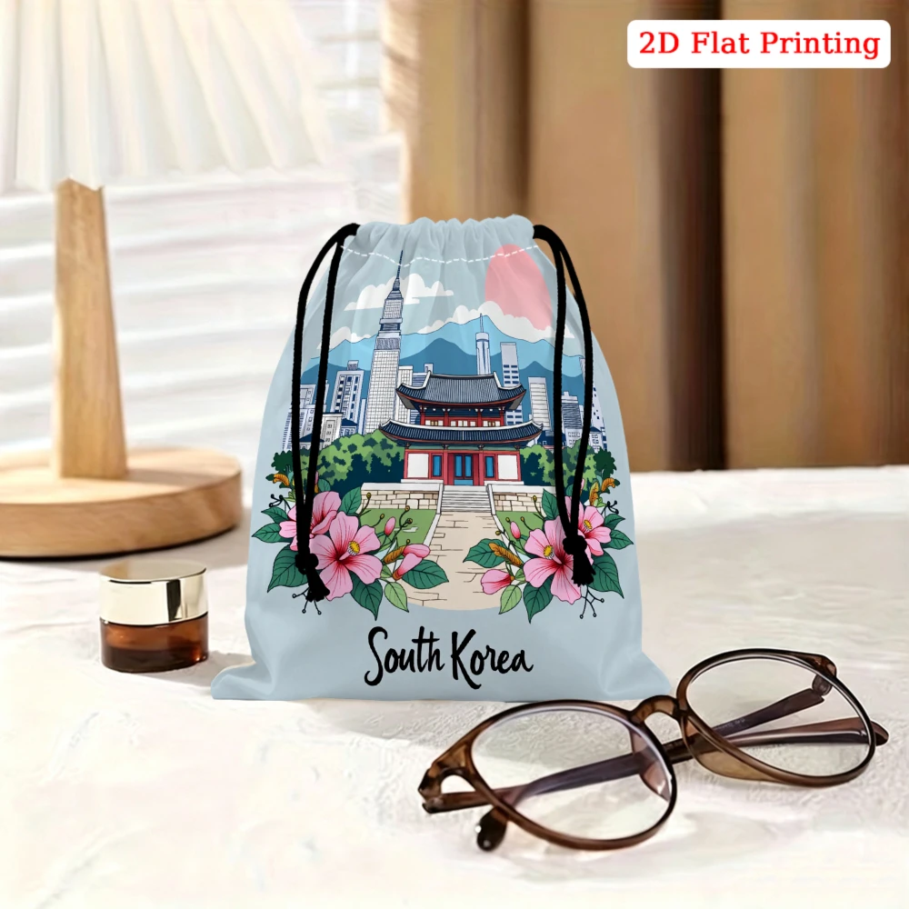 1pc Cartoon Style Drawstring Bag Light Blue South Korea Landmark Floral Print Storage Small Pouch Travel Cosmetic Organizer Gift