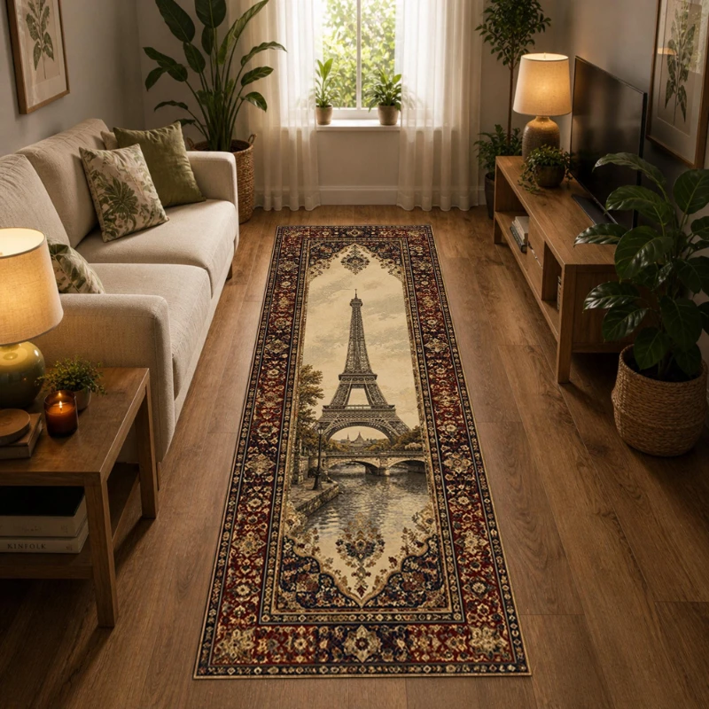 Vintage Eiffel Tower Seine River Border Graphics Runner Rug,Living Room,Hallway,Bedside,Non Slip Runner Rug,Distinctive Gift
