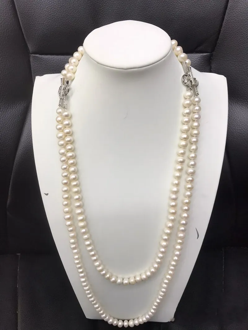 

2ROWS freshwater pearl white 7-8mm near round necklace 24-26" wholesale bowknot hook