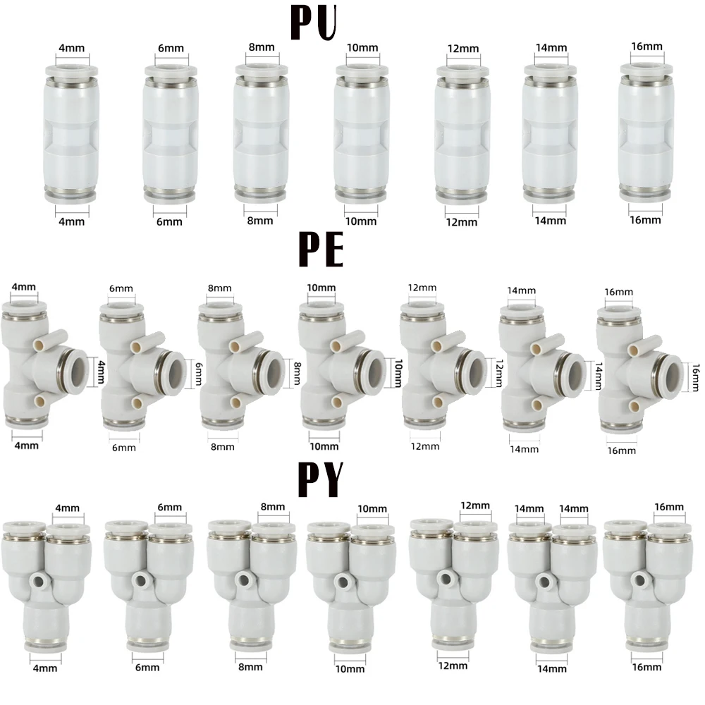 White Pneumatic Air Quick Push In Fitting 4 6 8 10 12 14 16mm PU PV PE PY PG PEG PW PZA Straight Elbow Tee Reducer