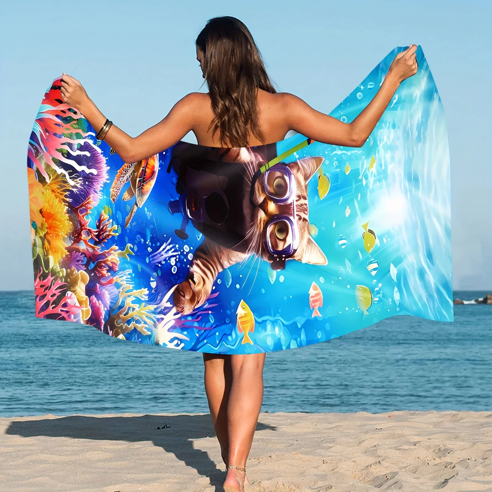 Diving Cat Sand-Proof Beach Towel, Super Absorbent Lightweight Quick-Dry for Camping Outdoor Parties