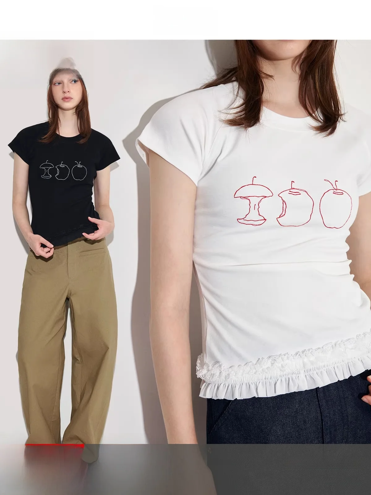 

Fano Summer Slim Fit T-irt Women's round Ne ort Sve Embroidered Fruit Lace Patchwork Design Fun Flng Sve Top