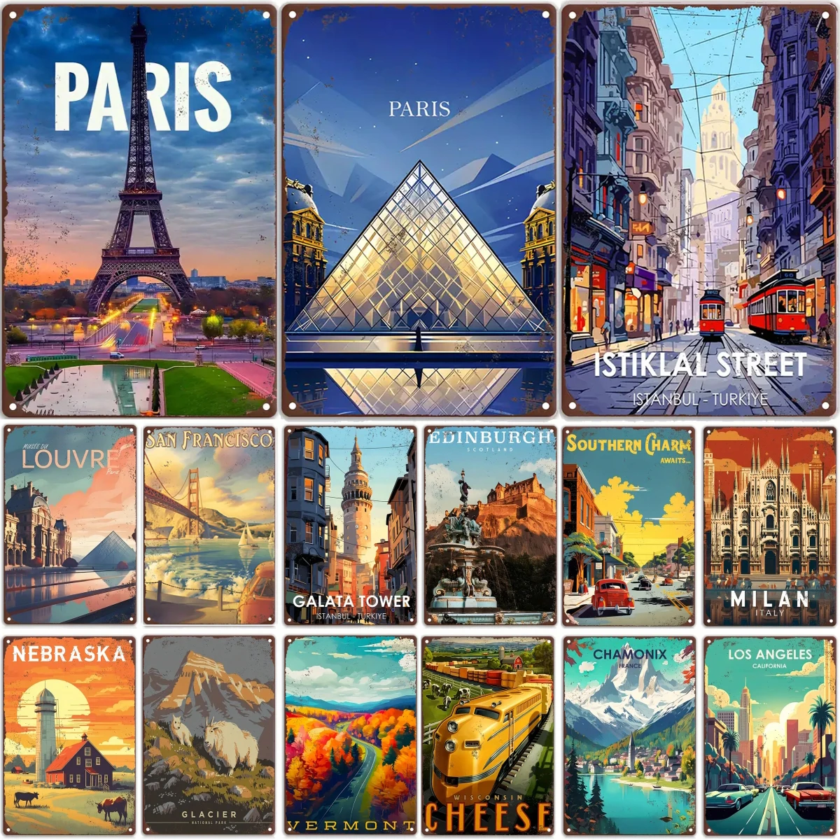 Vintage Metalls child Reisen um die Welt Francisco, Louvr, Mailand, Poster, Zuhause, Bar, Zimmer, Hotel, Café, Club Retro Wand dekor Teller Geschenk