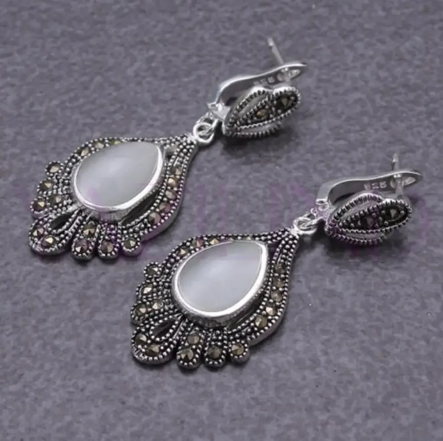 

whosale noble round opal silver hook earrings Vintage style