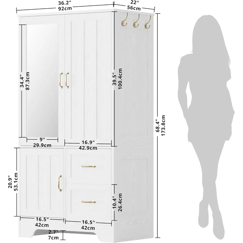 Wardrobe Closet with Mirror and Doors and Drawers and Shelves,Wooden Armoire Storage Cabinet with Hanging Rod for Bedroom,White