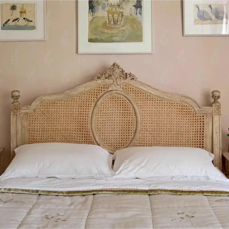 American rural retro carving old light luxury white large apartment bedroom princess bed high back creative rattan bed