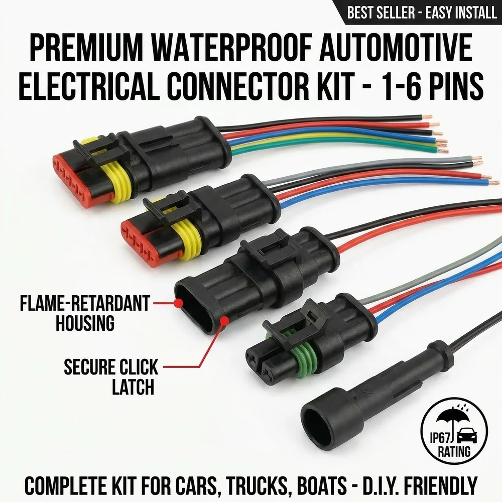 

10Sets IP67 Waterproof AMP Style Automotive Connectors, Pre-Wired 1-6 Pin Male/Female Plug Harness for Car & Motorcycle Wiring