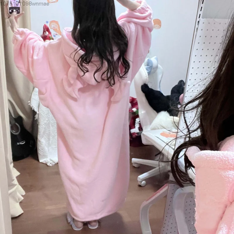 Pink Hooded Coral Velvet Pajamas for Women, Cute Little Devil Nightgowns, Plush and Thick, Loose Home Clothes, Winter Robe, New,