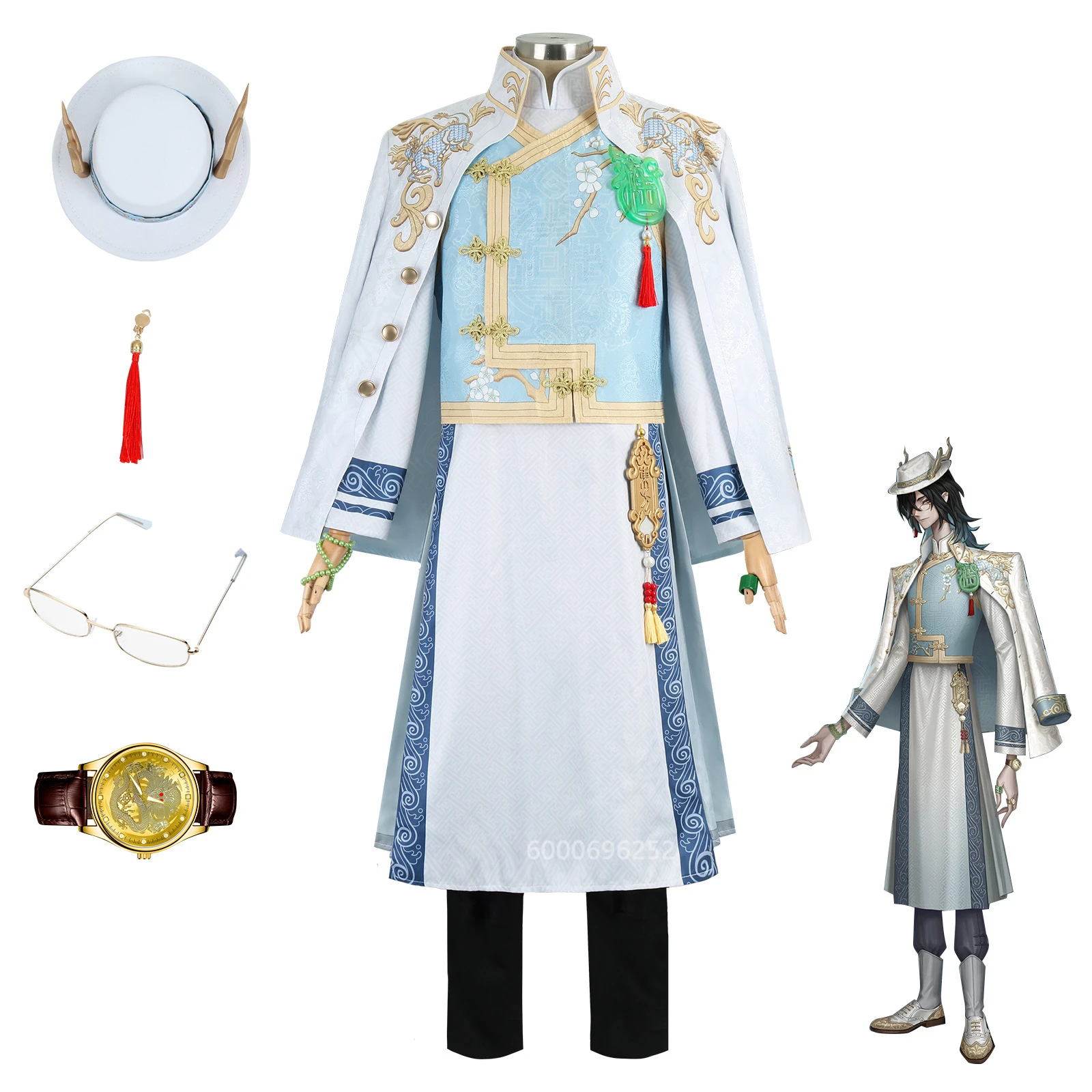 

Identity V Mr. Xie Cosplay Costume Wig Qilin Merchant Wu Chang Uniform Qilin of The East with Watch Ring Bracelet for Halloween