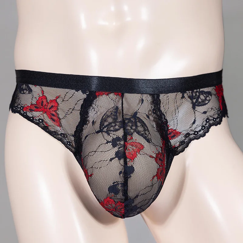 Briefs Men Lace Mesh Butterfly Underwear Low Waist Hollow Contrasting Hip Lifting Sissy Panties U Convex Pouch Erotic Lingerie