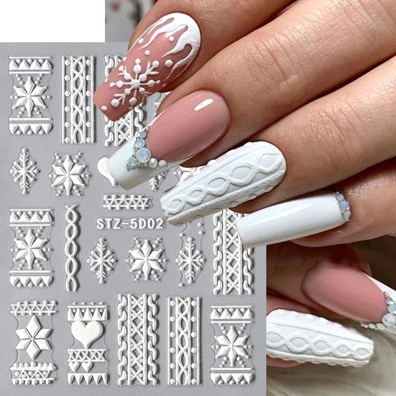 Elegante fiocco di neve bianco adesivi per unghie 5D maglione invernale fiore di neve cervo nail art gel cursori decalcomanie in rilievo di Natale Decorati