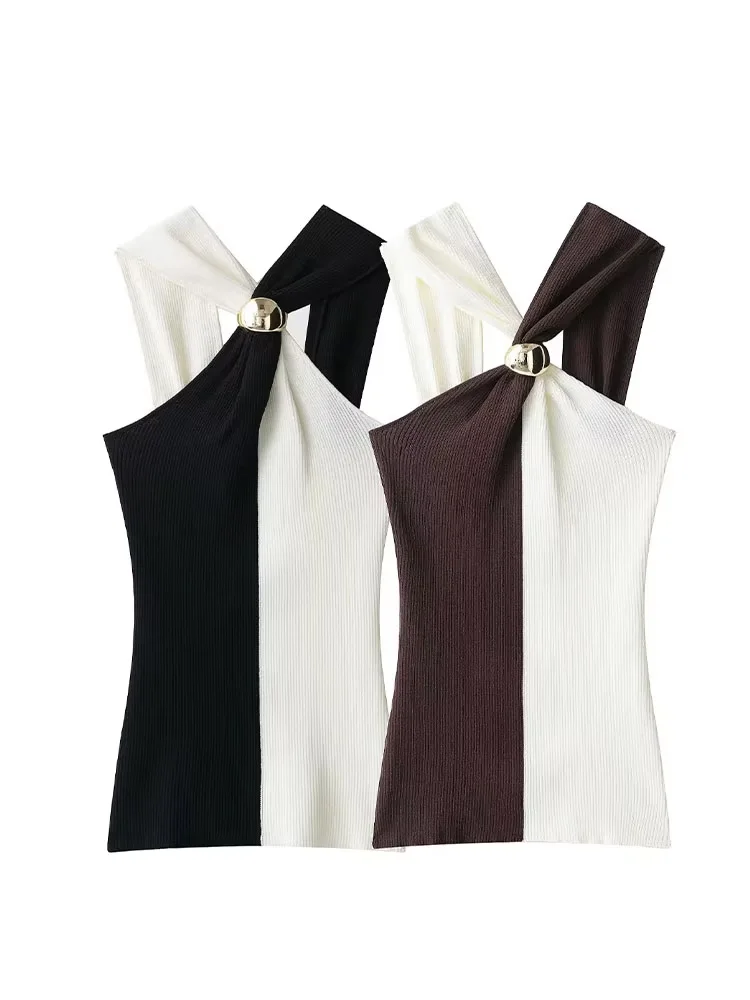 HH المرأة الصيف مثير سليم بلوزات قصيرة معلقة الرقبة طوق عارية الذراعين أنثى موضة شيك بلا أكمام محبوك القمم 2 اللون 2025 #4