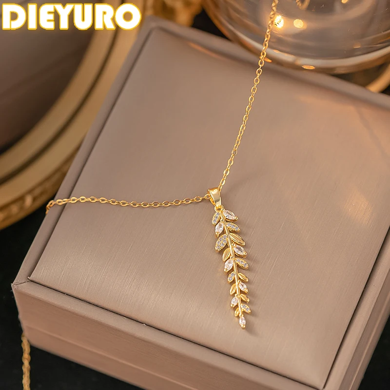 DIEYURO 316L الفولاذ المقاوم للصدأ الذهبي ليف ريشة دلاية من حجر الزركون قلادة للنساء الاتجاه الجديد موضة الرقبة مجوهرات هدية عيد #1