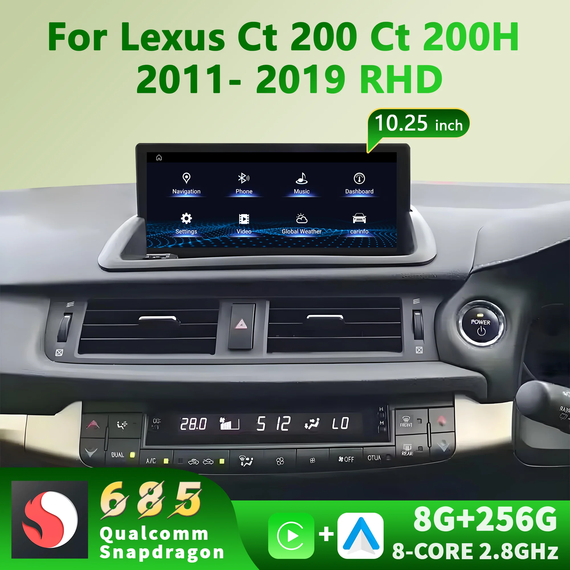 10.25inch Right Hand Drive For Lexus Ct 200 Ct 200H 2011-2019 Android 14 Car Radio Multimedia Snapdragon 680 BT Carplay Screen
