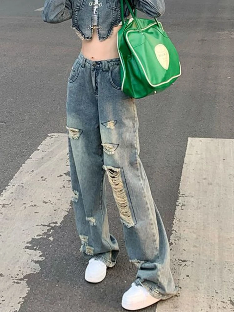 Zerrissene Jeans für Frauen Baggy Hose mit weitem Bein Vintage Chic Schulmädchen Mode All-Match Hotsweet koreanischen Stil lässige Streetwear