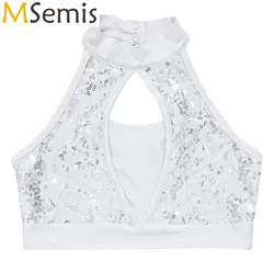 Kids Girls ginnastica Hip Hop Jazz Dance Performance Costume senza maniche Mock Neck Hollow Front Keyhole Back Sequin Crop Top