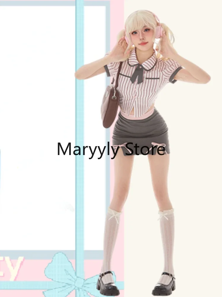 Casual Japanese Y2k Party Suits Style Women Striped Short Sleeve Blouse + Bodycon Mini Skirts 2023 Summer Kawaii Clothing Outfit