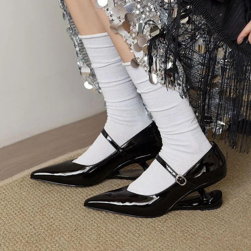 Women Pumps Dress Shoes Strange Heel Elegant Woman Cow Leather Mary Janes One Strap Pointed Toe Dress Retro Spring Pumps
