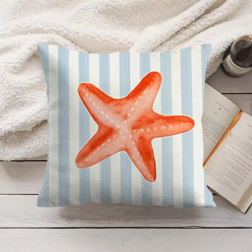 Simple Striped Marine Animal Print Cushion Cover, Washable, Sofa Pillowcase