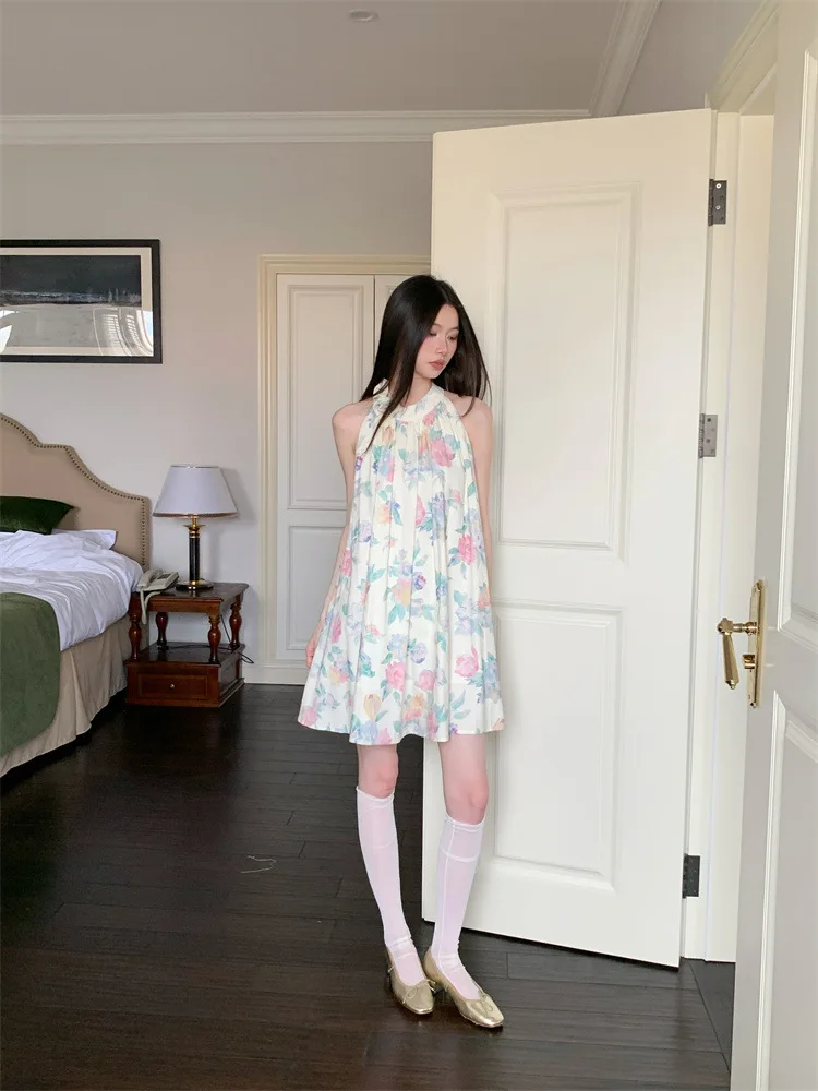 Elegância francesa floral impresso algodão-linho sem mangas halter mini vestido evasê para mulher y2k solto férias fada saias largas
