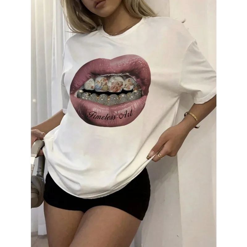 

Lips Pattern Printed Women's T-Shirt Round Neck Short Sleeve Casual Harajuku Loose Comfortable Cotton T-Shirt Y2K Tops