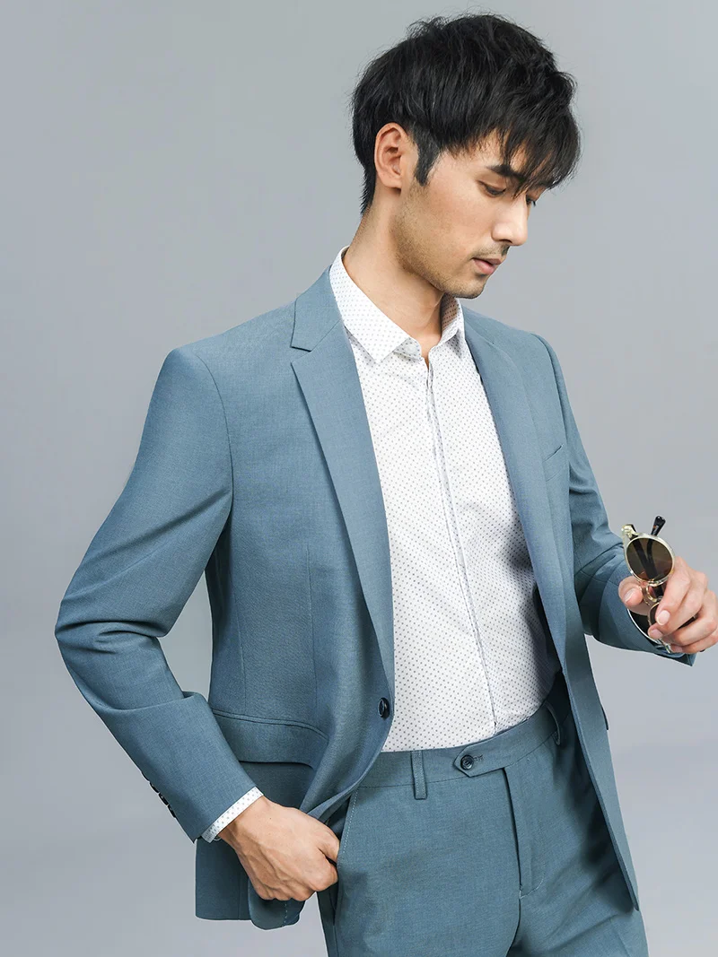 Men Suits Set Single One Button Blue Leisure Slim Fit Fashion Luxury Wedding Groom Wear Businessman Daily Clothing Blazer Pant