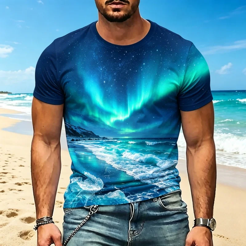 Men's Aurora and Starry Night Landscape Print Casual T-Shirts, Short Sleeve Crew Neck Tops for Night Sky Lovers & Everyday Wear