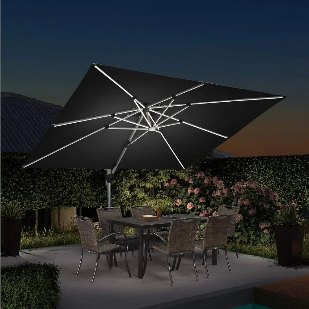 Double Top Deluxe Solar Powered LED Rectangle Umbrella Hanging Umbrella Outdoor Market Umbrella Navy Blue Patio Umbrellas