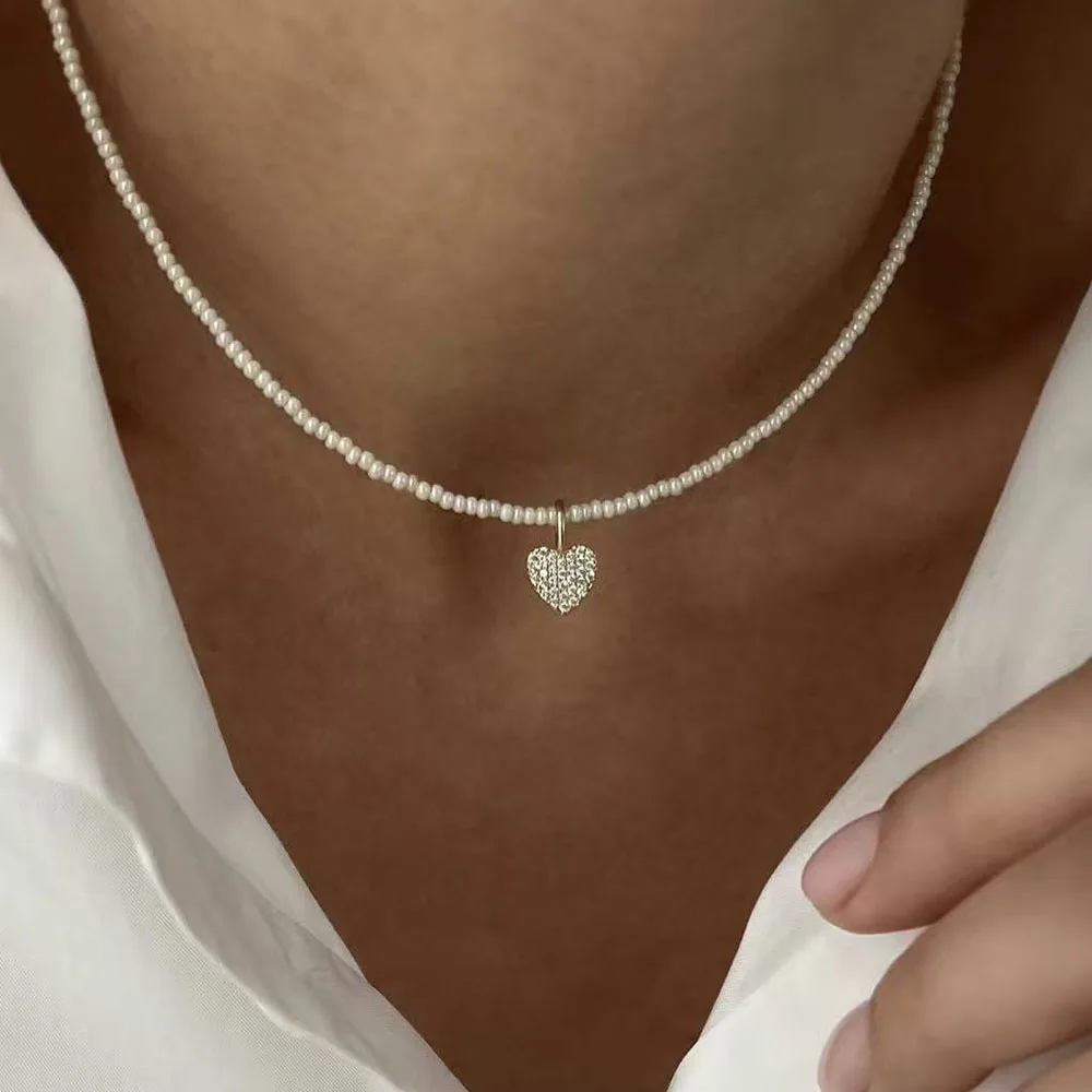 Fashion Crystal Red Heart &Chain Pendant Necklace For Women Boho Barlotte Imitation Pearl Chain Jewelry Valentine's Gift N0535 image 5