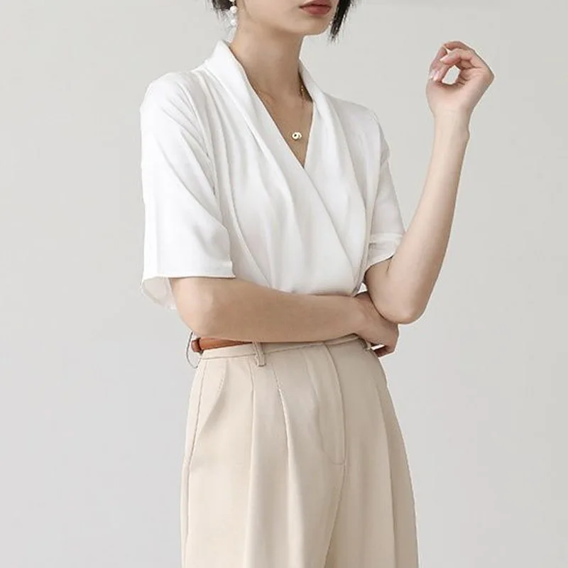 Temperament Solid Color Pleated Blouse Women New Classic Half Sleeve V-neck Office All-match Lady Pullover Chiffon Shirt