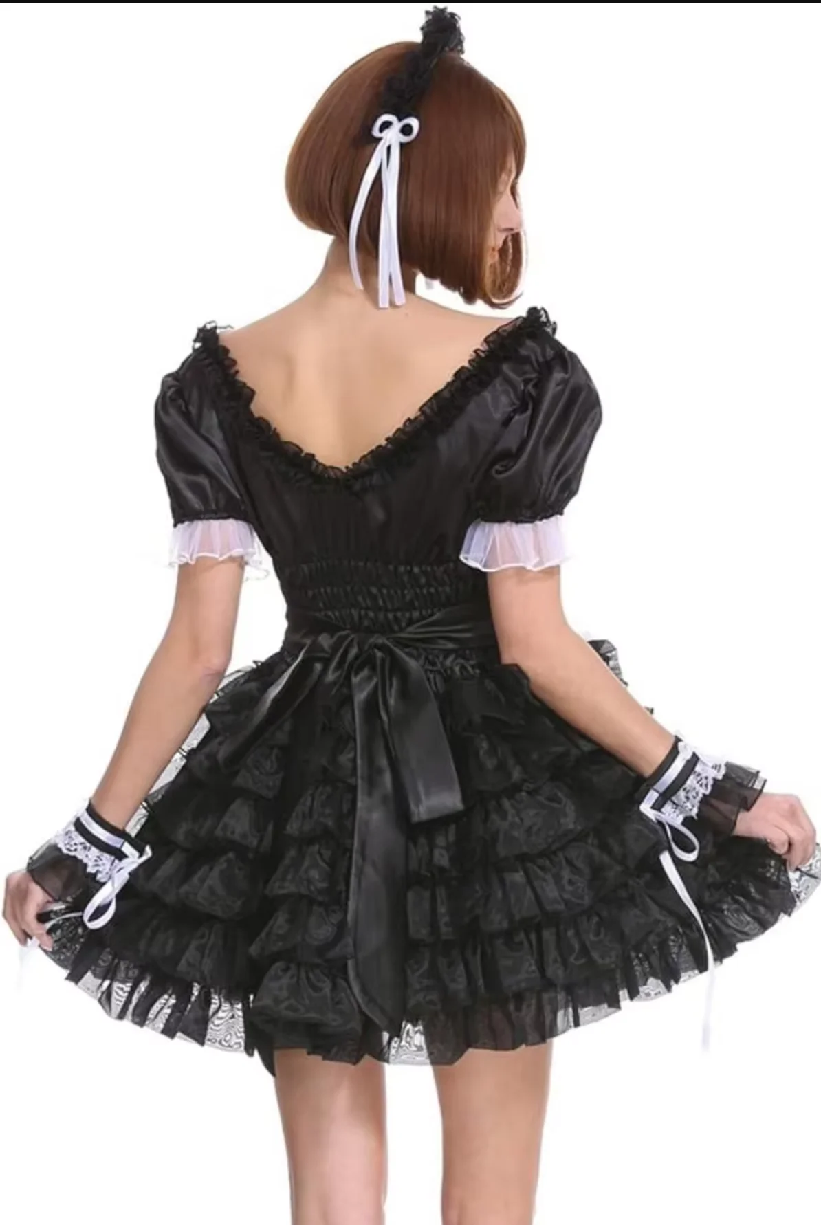Francês sexy adulto personalizado fetichista crossdressing sissy preto em forma de coração aberto volta manga curta gravata cintura vestido apertado