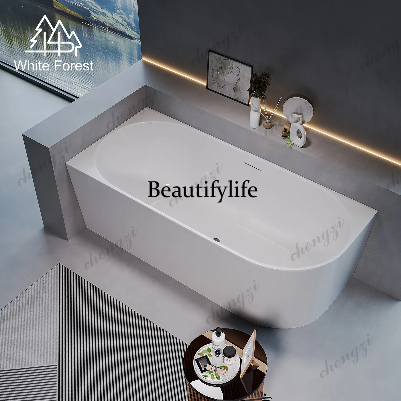 Unilateral arc facing outward Asymmetrical aesthetic design Right angle acrylic bathtub against the wall