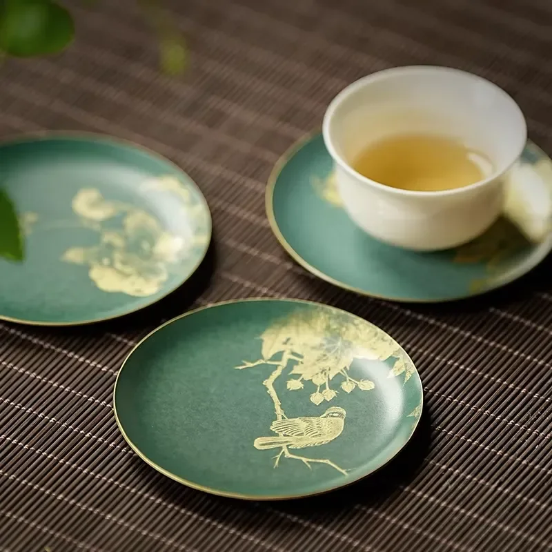 Retro Chinese Style Blue Copper Coaster Handmade Brass Kung Fu Tea Set Accessories Portable Teacup Burning Color Finish